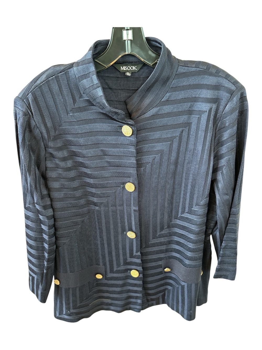 Misook Navy Blue Striped Geometric Gold-Button Jacket